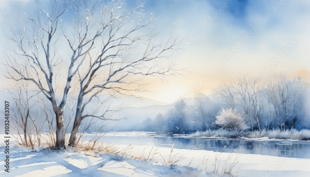 In the early morning light, a solitary tree stands by a serene river, blanketed in snow, as delicate hues of blue and white envelop the tranquil winter scene, watercolor In the early morning light, a solitary tree stands by a serene river, blanketed in snow, as delicate hues of blue and white envelop the tranquil winter scene, watercolor