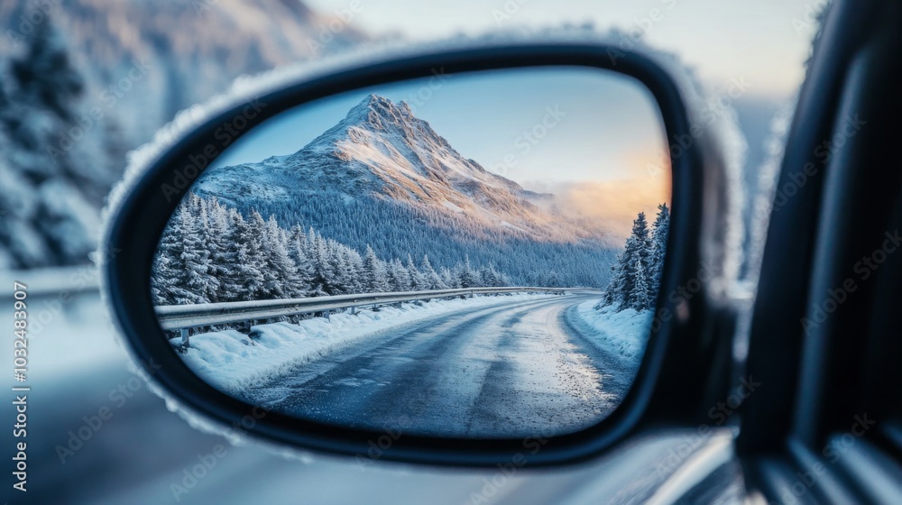 Reflected in the side mirror, a breathtaking mountain landscape showcases snow-covered peaks and pine trees. The winding road invites a tranquil winter journey in the early morning light.