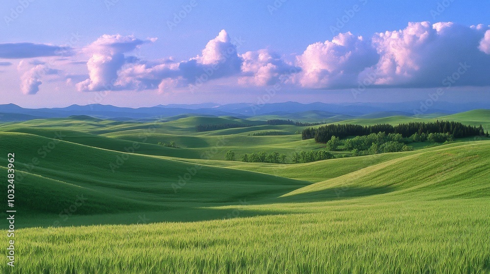 Obraz premium A serene landscape of rolling green hills under a blue sky with fluffy clouds.