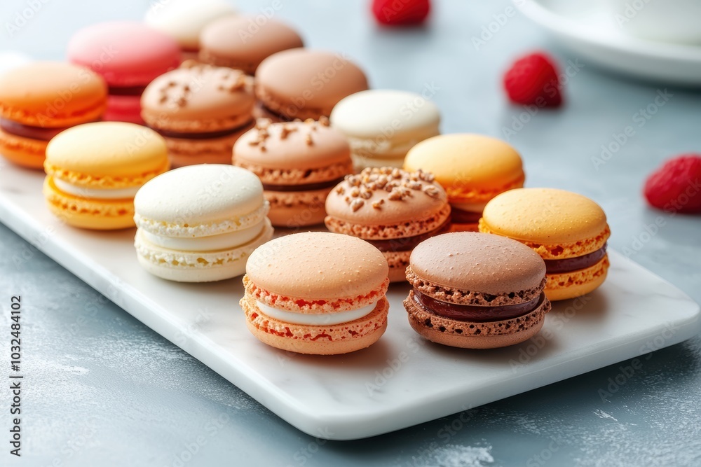 Colorful french macarons resting on a marble tray Colorful french macarons resting on a marble tray
