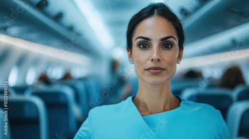 A poised flight attendant in a blue uniform stands confidently in the airplane aisle, conveying professionalism, assurance, and readiness for service. photo