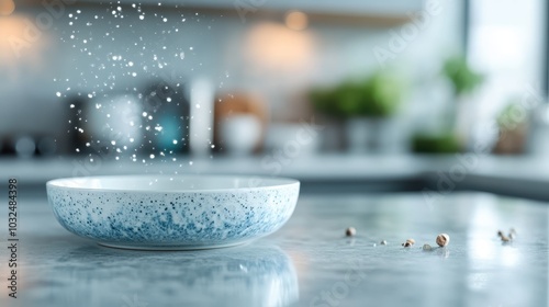 A close-up of a speckled white bowl on a kitchen counter as fine particles of salt seem to cascade into it, blending minimalistic design with a modern culinary setting.