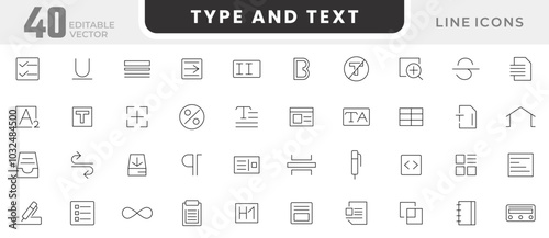 Text and Type line icon set. Read, words, copywriting, book, autor, superscript, bold, italics, JPG, MP3, PDF,  left, right, center line icon set. UI thin line icon pack.