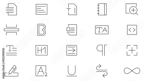 Text and Type line icon set. Read, words, copywriting, book, autor, superscript, bold, italics, JPG, MP3, PDF,  left, right, center line icon set. UI thin line icon pack.