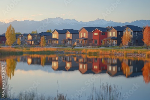 Modern houses reflecting in calm lake at sunset with mountains