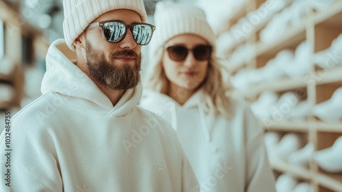 A fashionable couple in white attire, both wearing sunglasses with eco-friendly reflections, standing confidently in a modern retail setting, illustrating urban chic style. photo