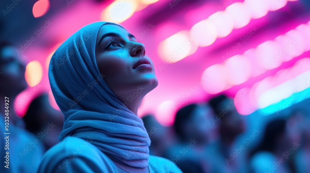 A young woman wearing a hijab gazes upward in a colorful neon-lit space, showcasing a mix of curiosity and reflection amidst blurred people in an urban setting. A young woman wearing a hijab gazes upward in a colorful neon-lit space, showcasing a mix of curiosity and reflection amidst blurred people in an urban setting.