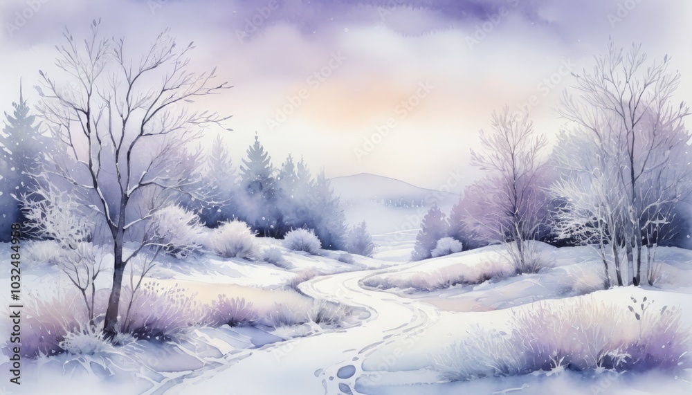 A peaceful winter wonderland unfolds with soft snowfall blanketing the ground, a meandering path leading through frosted trees, and distant mountains illuminated by morning light, watercolor A peaceful winter wonderland unfolds with soft snowfall blanketing the ground, a meandering path leading through frosted trees, and distant mountains illuminated by morning light, watercolor