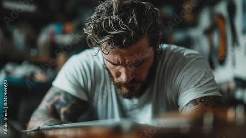 A heavily tattooed man with a full beard works intently at a table, exuding concentration and artistic dedication in a dimly lit workspace setting.