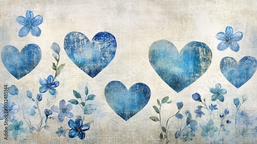 Collection of blue hearts and blue flowers arranged on a textured canvas background