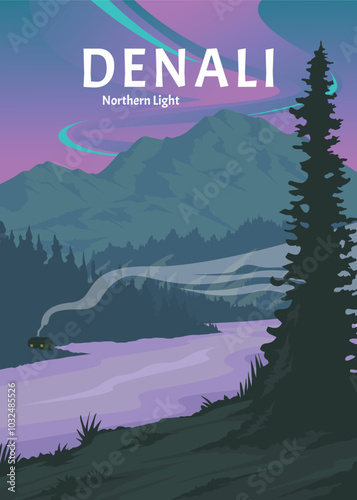 northern lights view at denali national park minimalist poster design