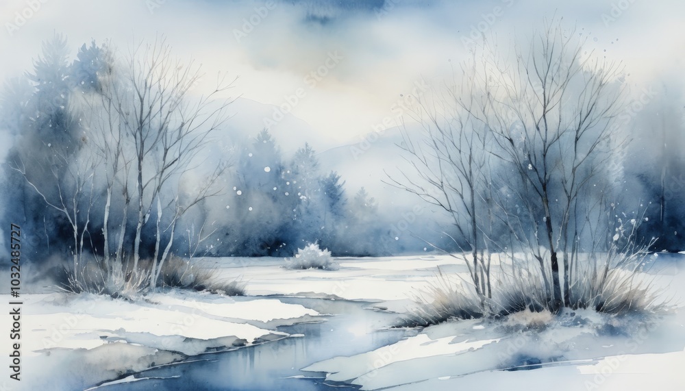 Enjoy the peaceful ambiance of a frosty river winding through a winter wonderland, with delicate snowfall and trees blanketed in snow, evoking a sense of calm solitude, watercolor Enjoy the peaceful ambiance of a frosty river winding through a winter wonderland, with delicate snowfall and trees blanketed in snow, evoking a sense of calm solitude, watercolor