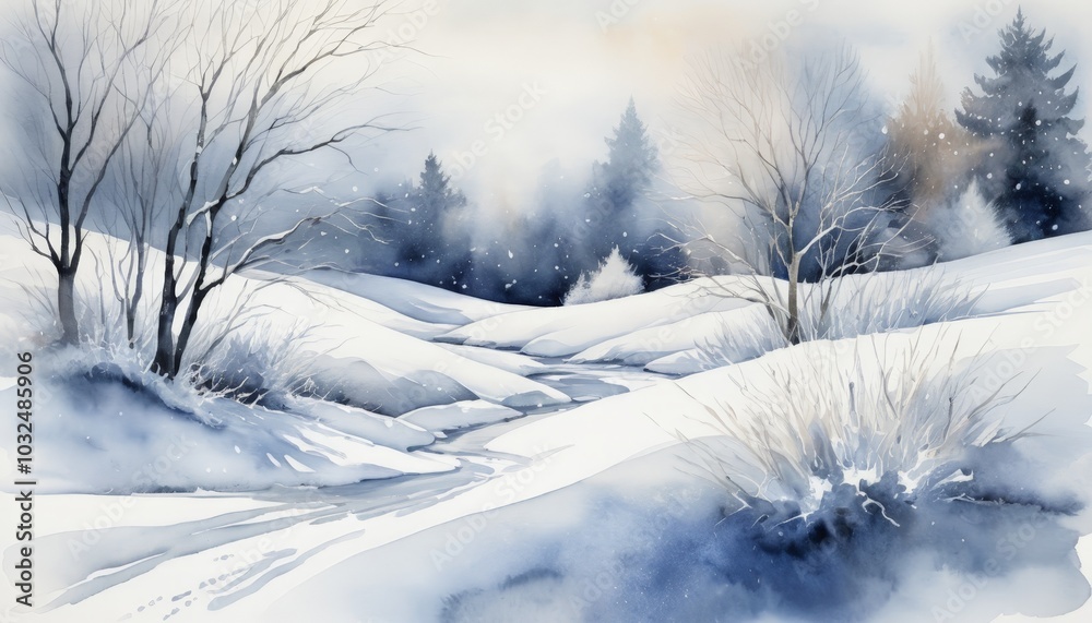 Gentle snowfall blankets the rolling hills and trees, as a winding stream flows quietly through the serene winter landscape, creating a peaceful atmosphere, watercolor Gentle snowfall blankets the rolling hills and trees, as a winding stream flows quietly through the serene winter landscape, creating a peaceful atmosphere, watercolor