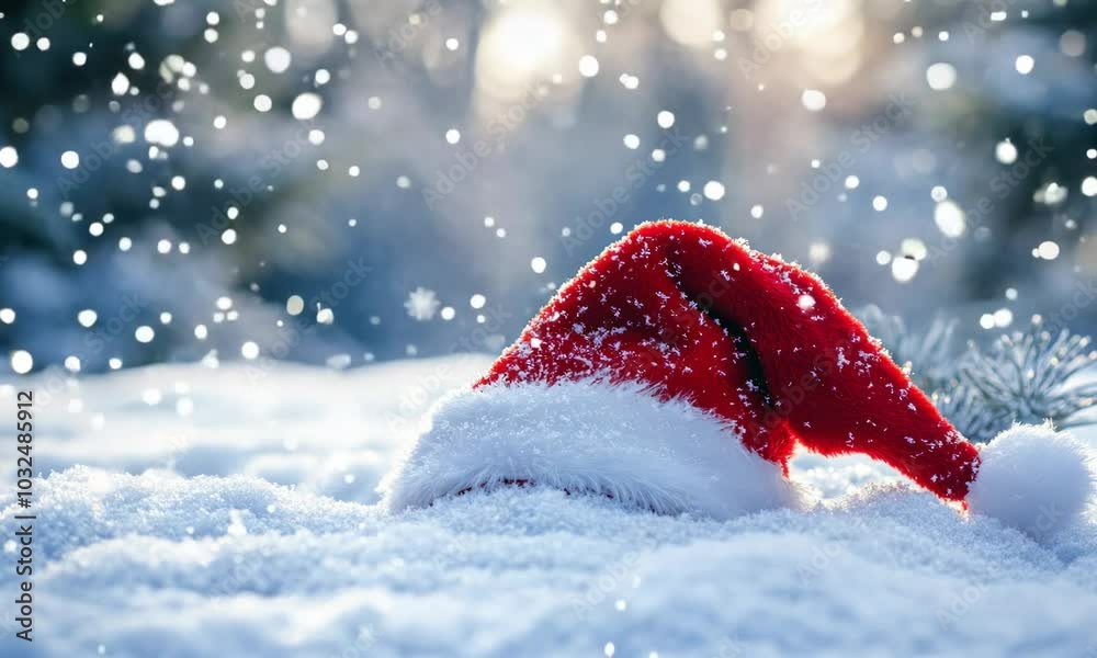 Red hat with white snowflake on snow, upside down in playful festive mood. Holiday spirit. Red hat with white snowflake on snow, upside down in playful festive mood. Holiday spirit.