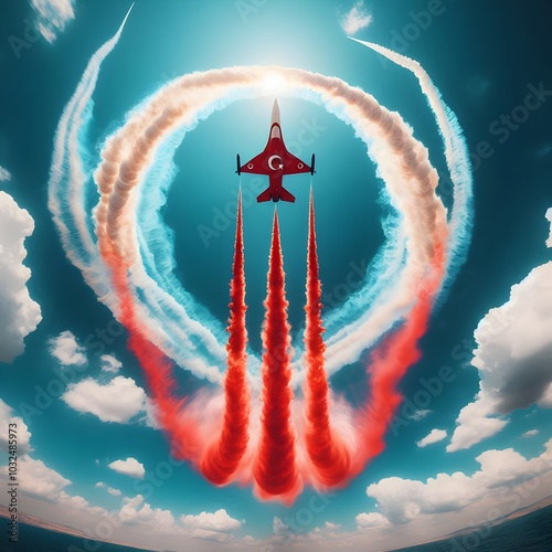 Wide-Angle View of Jet Performing Aerial Acrobatics with Turkish Flag Smoke Trail Against a Blue Sky – Dynamic and Dramatic Aerial Show photo