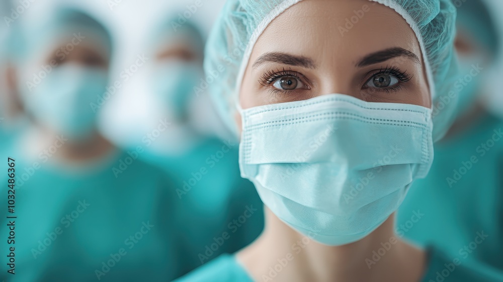 A close-up of a medical professional wearing a surgical mask and cap, with a team in matching attire behind, highlighting healthcare teamwork and safety protocol. A close-up of a medical professional wearing a surgical mask and cap, with a team in matching attire behind, highlighting healthcare teamwork and safety protocol.