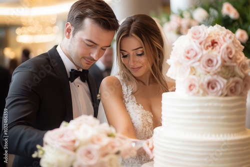 Elegant bride and groom cutting a beautifully decorated wedding cake surrounded by pink roses in a luxurious venue.