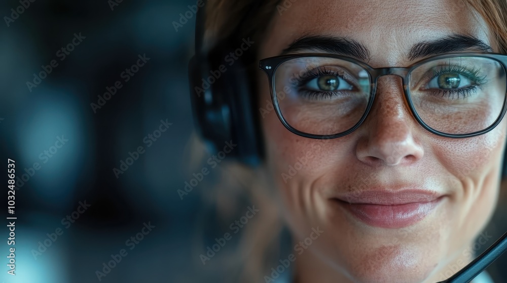 Close-up image of a woman wearing glasses and a headset, smiling confidently, offering a feeling of professionalism, warmth, and customer service spirit. Close-up image of a woman wearing glasses and a headset, smiling confidently, offering a feeling of professionalism, warmth, and customer service spirit.