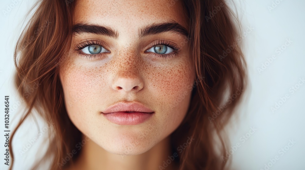 A captivating close-up portrait of a woman with striking freckles and clear blue eyes, representing natural beauty, authenticity, and individuality in detail. A captivating close-up portrait of a woman with striking freckles and clear blue eyes, representing natural beauty, authenticity, and individuality in detail.