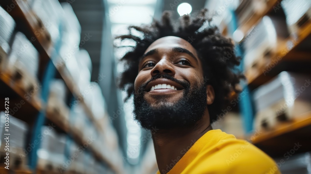 With a bright expression, a man in a vibrant yellow shirt looks content, standing in a brightly lit warehouse corridor, exemplifying satisfaction and achievement. With a bright expression, a man in a vibrant yellow shirt looks content, standing in a brightly lit warehouse corridor, exemplifying satisfaction and achievement.