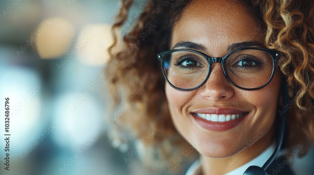 Portrait of a smiling woman with curly hair and glasses, posing indoors against a blurred background, showcasing confidence and warmth in a professional setting. Portrait of a smiling woman with curly hair and glasses, posing indoors against a blurred background, showcasing confidence and warmth in a professional setting.