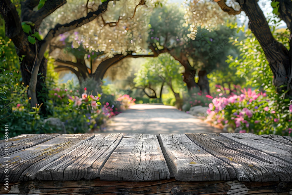 A wooden table sitting in the middle of a garden A wooden table sitting in the middle of a garden