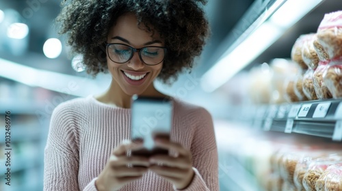 A woman with curly hair and glasses smiles at her phone while standing in a brightly lit store aisle, surrounded by shelves of packaged food items during her shopping.