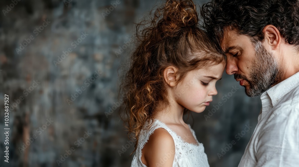 A tender moment of contemplation between a father and his young daughter with curly hair, showcasing a deep bond against a textured gray background. A tender moment of contemplation between a father and his young daughter with curly hair, showcasing a deep bond against a textured gray background.