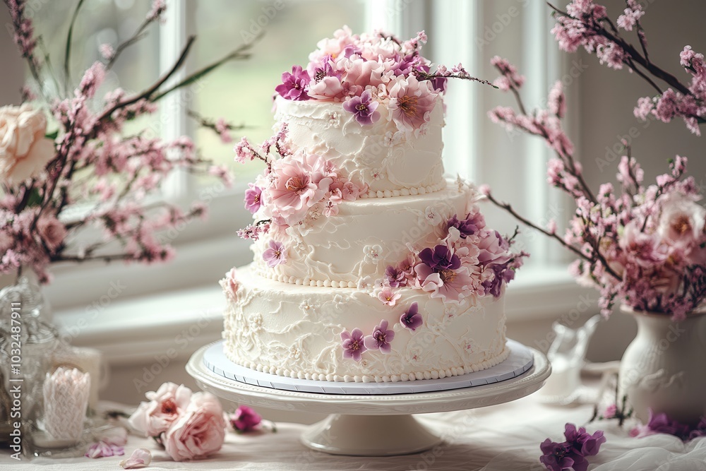 Elegant three-tier wedding cake adorned with pink flowers, set amidst a rustic floral arrangement by a sunlit window. Elegant three-tier wedding cake adorned with pink flowers, set amidst a rustic floral arrangement by a sunlit window.