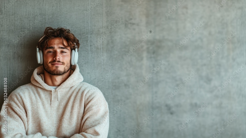 A young man wearing large white headphones and a cozy hoodie leans against a gray wall, exuding a relaxed and contemplative atmosphere. A young man wearing large white headphones and a cozy hoodie leans against a gray wall, exuding a relaxed and contemplative atmosphere.