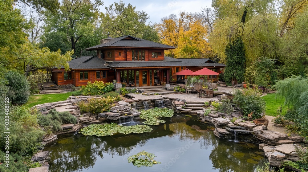 A modern home with a pond and waterfall in the backyard. The home is surrounded by lush greenery and has a large deck with an umbrella. A modern home with a pond and waterfall in the backyard. The home is surrounded by lush greenery and has a large deck with an umbrella.