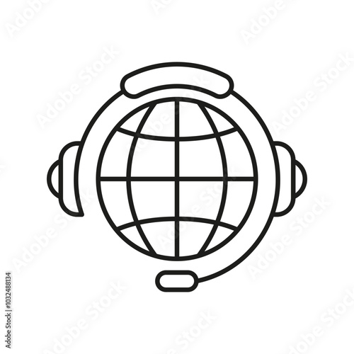 Global Customer Support Line Icon with Headset for International Service. Worldwide Help and Communication Outline Symbol. Editable Stroke. Isolated Vector Illustration