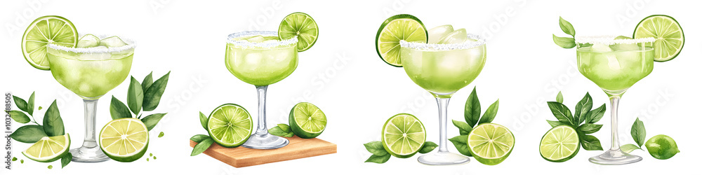 A vibrant illustration of margarita cocktails showcasing lime slices and mint, perfect for summer refreshment and cocktail recipes. set of watercolor, clipart, isolated on transparent background A vibrant illustration of margarita cocktails showcasing lime slices and mint, perfect for summer refreshment and cocktail recipes. set of watercolor, clipart, isolated on transparent background