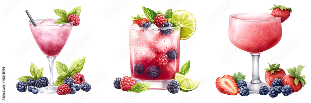 Three colorful cocktails garnished with fresh berries and mint, set of watercolor, clipart, isolated on transparent background Three colorful cocktails garnished with fresh berries and mint, set of watercolor, clipart, isolated on transparent background