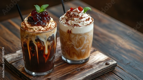 Two iced coffee drinks with whipped cream, chocolate, and cherries on a wooden table.