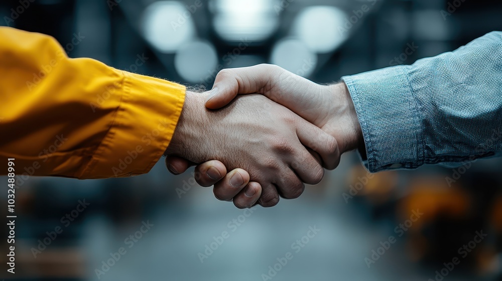 Two individuals, wearing business attire, engage in a firm handshake within a corporate setting, symbolizing mutual agreement, trust, and professional relationships.