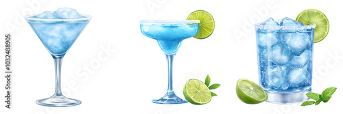 Three refreshing blue cocktails served in elegant glassware, garnished with lime slices, set of watercolor, clipart, isolated on transparent background
