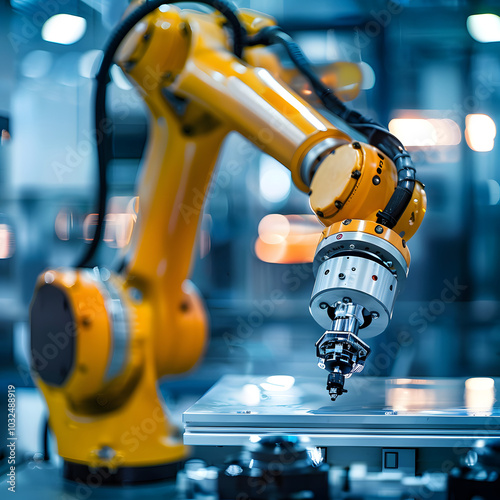 robotic arm is positioned over metallic surface, showcasing advanced technology in modern industrial setting. soft focus adds dynamic feel to scene, emphasizing innovation and precision