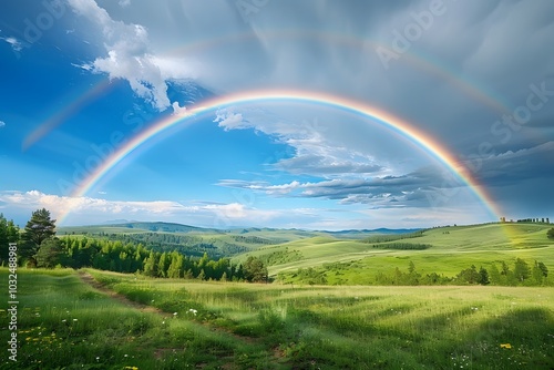 Breathtaking Double Rainbow Over Lush Green Hills and Blue Sky