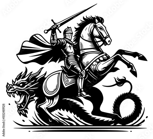 knight on horse slaying dragon in medieval combat with sword black vector
