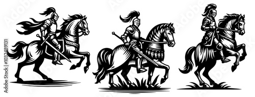 ine art knights on horses in motion set black vector