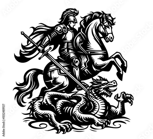 knight on horseback defeating dragon with sword black vector