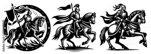 collection of knights on horseback in dynamic poses line art black vector