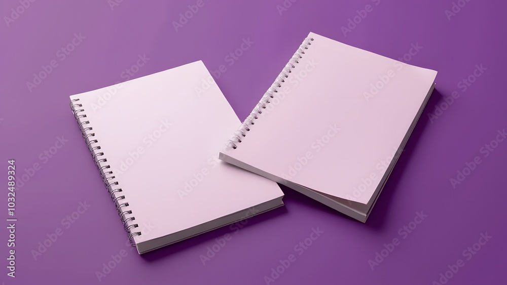 A notebook lies on a rich purple surface with another one beside it nearby partially overlapping. A notebook lies on a rich purple surface with another one beside it nearby partially overlapping.