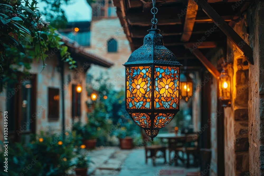 Ornate Stained Glass Lantern Hanging in a Stone Courtyard Ornate Stained Glass Lantern Hanging in a Stone Courtyard
