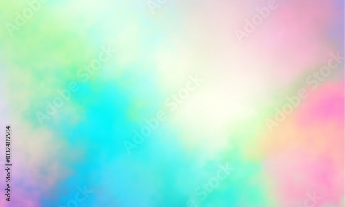 Colorful watercolor background of abstract sunset sky with puffy clouds in pastel rainbow colors of pink blue yellow orange and