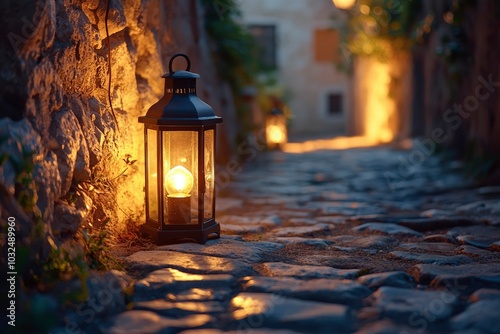 A Lit Lantern on a Cobblestone Pathway in a Dimly Lit Street