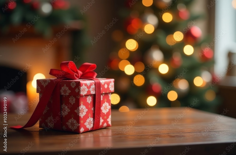 New Year's gift stands on a wooden table next to a green tree New Year's gift stands on a wooden table next to a green tree