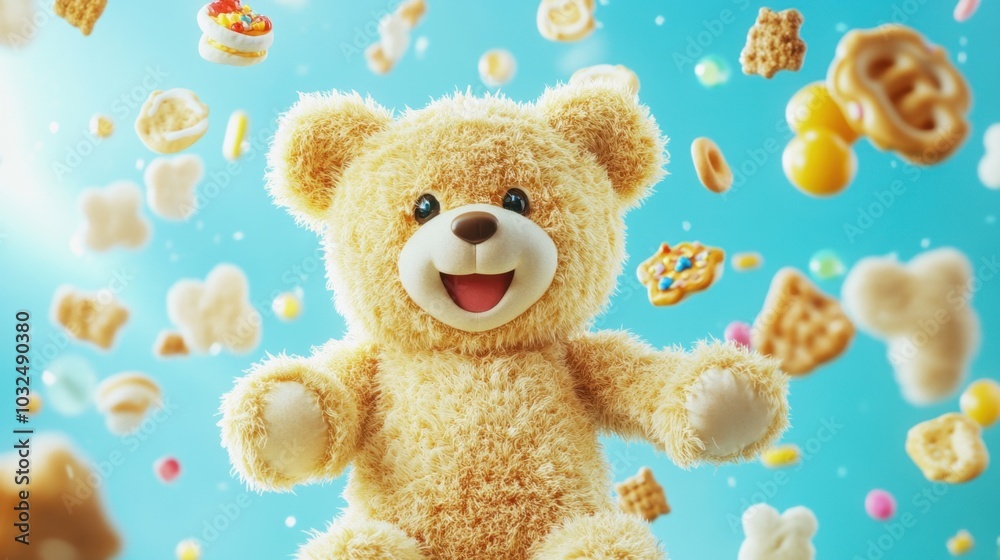A smiling teddy bear surrounded by flying snacks, evoking a sense of fun and play, perfect for playful, child-focused designs. A smiling teddy bear surrounded by flying snacks, evoking a sense of fun and play, perfect for playful, child-focused designs.