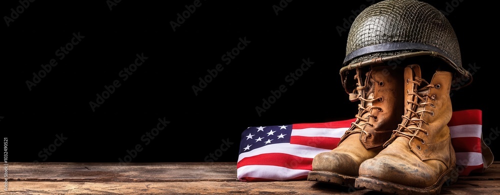 Military boots and helmet on a rustic wooden surface with an American ...